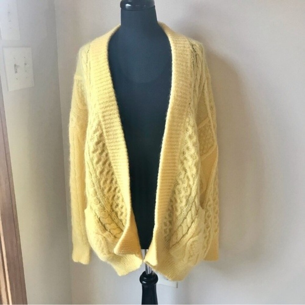LANEUS Cardigan Mohair Wool Sweater Cable Knit Yellow Longline Aran Fisherman